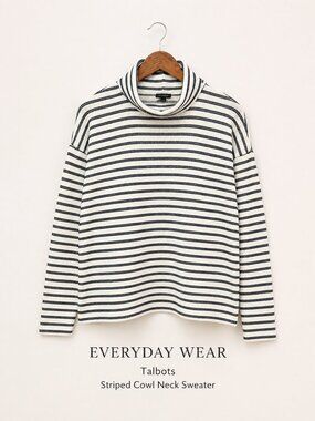 Talbots Striped Cowl Neck Sweater S Cotton Blend Nautical Black & Cream
